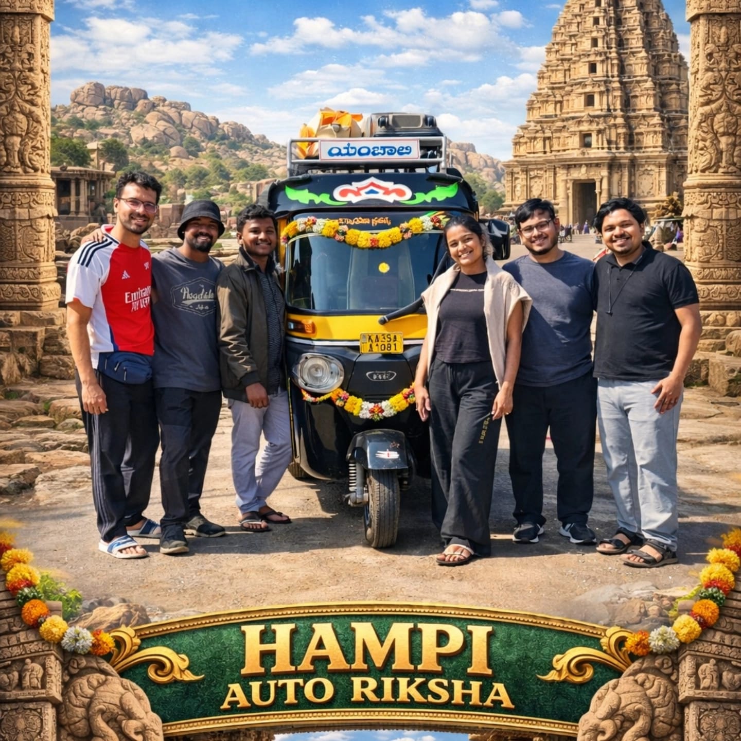 Happy tourists with Rakesh Hampi Auto Riksha at Virupaksha Temple